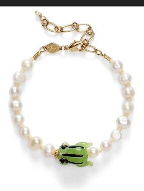 Anni Lu Hip Hop Good Luck Frog Pearly Bracelet 18k Yellow Goldtone 8" New